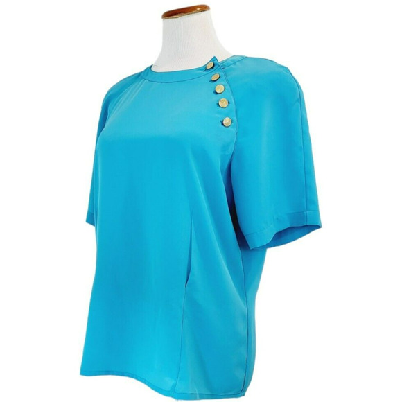 SK and Company Vintage Blue Teal 1980s Shoulder Pads VTG 80s Shirt Size 14 - Picture 4 of 16